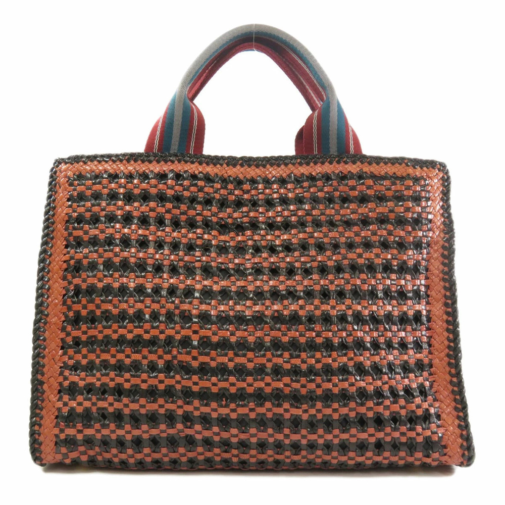 Prada Madras Woven Leather Tote Bag black brown leather weaving - Picture 2 of 11